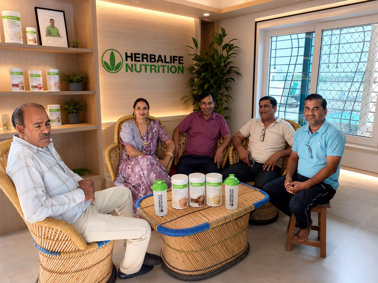 Wellness coaching team and clients gathered at the Herbalife Nutrition centre with products