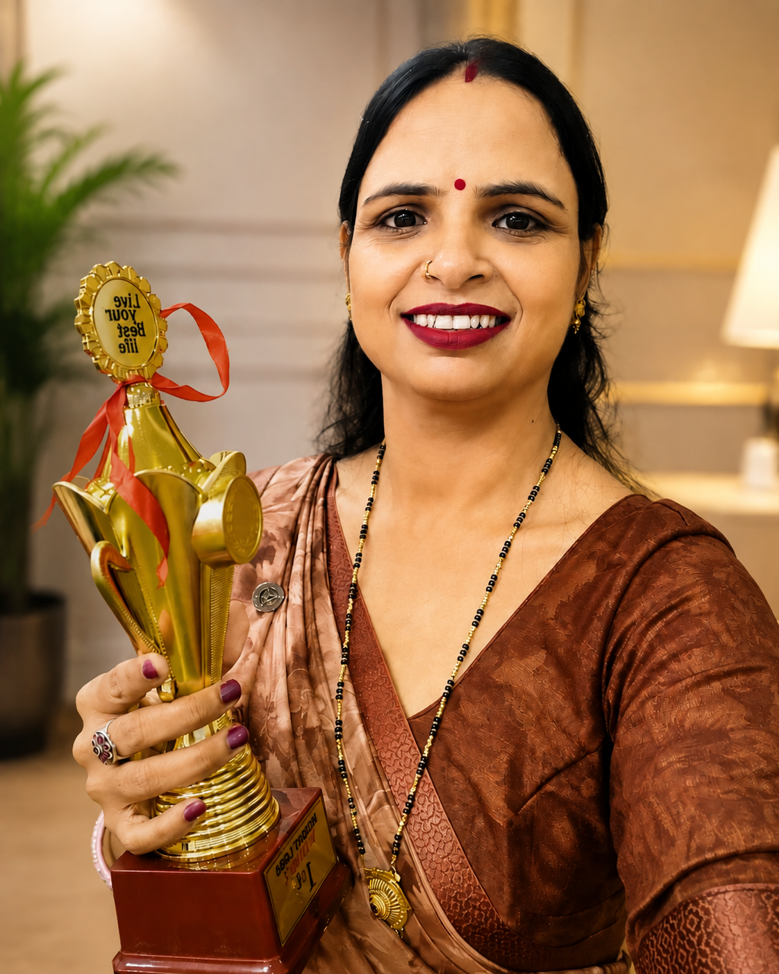 Nirmala Sonkariya holding her Herbalife Supervisor Level achievement trophy