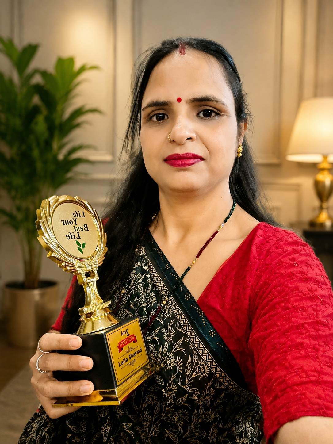 Nirmala Sonkariya holding her Herbalife World Team Level achievement trophy